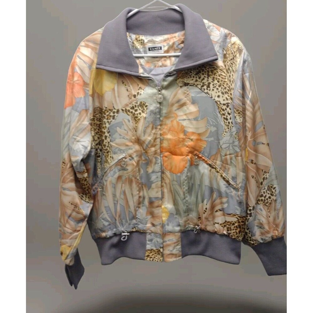 Damee NY Satin Jacket Cheetah Long Sleeve Zip-Up Collared Art To Wear Size M